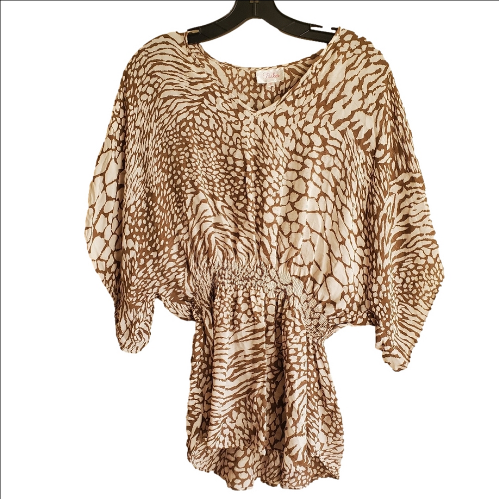 Parker Brown and Cream Printed Batwing V-Neck Blouse